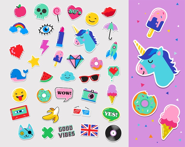 Patches, pins, emblemas, desenhos animados e adesivos chiques da moda pop art