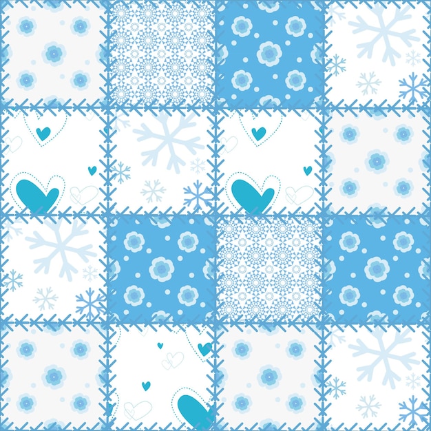 Patchwork azul-neve com flocos de neve, corações e flores delicadas