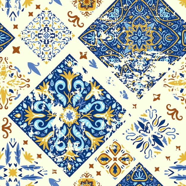 Vetor patchwork colorido sem costuras fundo abstrato azulejos azulejos patchwork ornamentado tradicional português