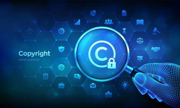 Patentes de direitos autorais e lei e direitos de proteção de propriedade intelectual Proteja ideias de negócios e conceito de headhunter com lupa na mão de wireframe e ícones ilustração vetorial