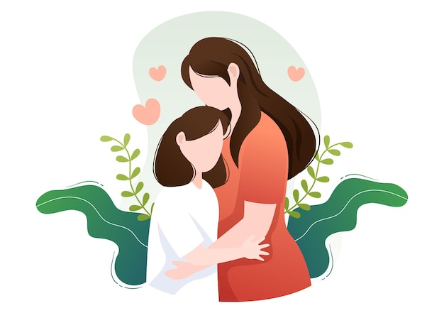 Paternidade da mãe, pai e filhos se abraçando em uma família amorosa. Ilustração em vetor fundo bonito dos desenhos animados para banner ou psicologia