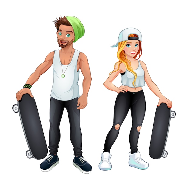 Patinadores menino e menina vetorial isolado caricatura personagens