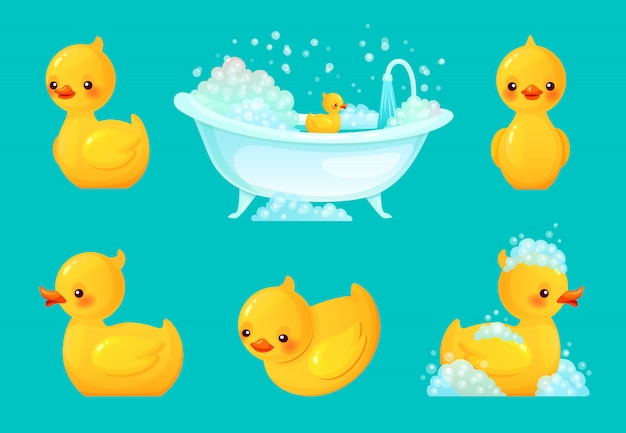 Pato de banho amarelo. banheira com espuma, banho relaxante e patos de borracha spa cartum ilustração