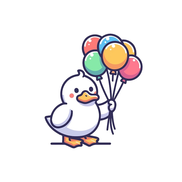 Pato de desenho animado bonito segurando balão personagem vetor estilo de design plano