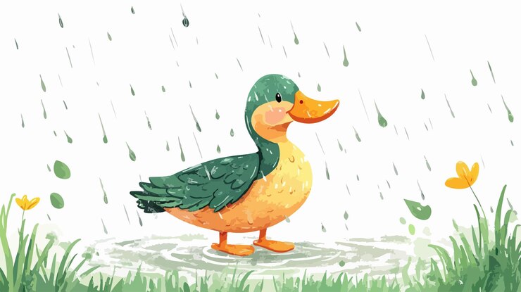 Vetor pato sob ilustração vetorial de chuva isolado em fundo branco