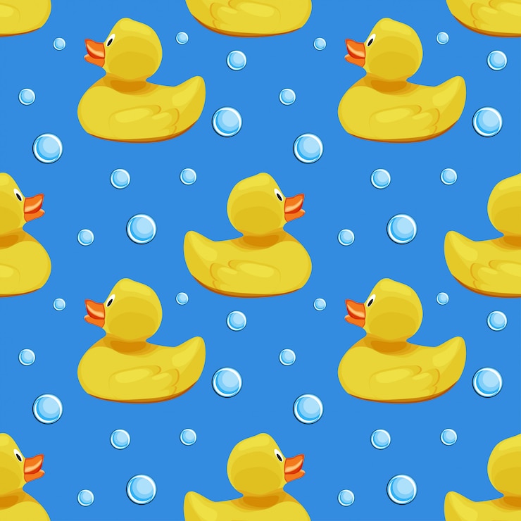Vetor patos de borracha amarelos bonitos, patinhos e bolhas de sabão no teste padrão sem emenda do fundo da água azul.