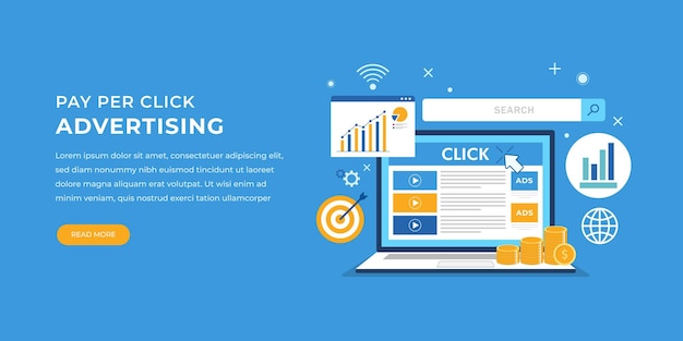 Pay per click search marketing publicidade paga online anúncios ilustração de banner vetorial plano