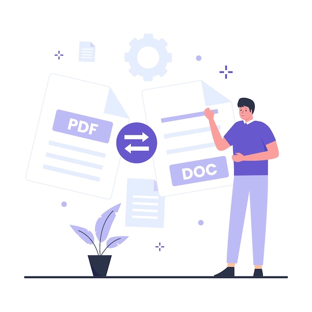 PDF para doc converter o conceito de design de ilustração. Ilustração para sites, landing pages, aplicativos móveis, cartazes e banners