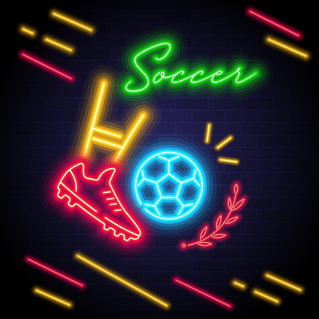 Pé no logotipo da bola com ilustração vetorial brilhante de luz neon