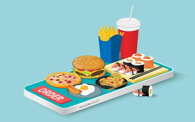 Peça comida no smartphone Compras online Marketing moderno e ilustração vetorial de marketing digital