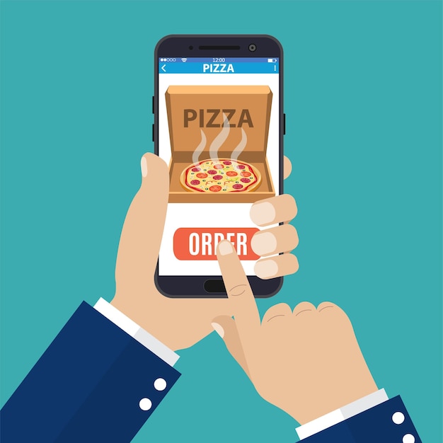 Peça pizza online. mão segurando o smartphone com pizza na tela. encomende o conceito de fast food. ilustração vetorial em estilo simples.