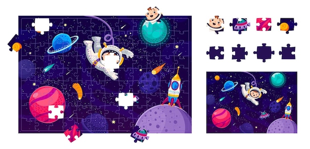 peças de quebra-cabeça astronautas espaciais e planetas