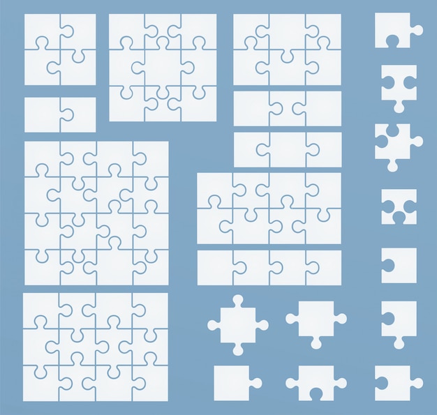 Peças de quebra-cabeças no modelo azul. conjunto de quebra-cabeça 2, 3, 4, 6, 8, 9, 12, 16 peças