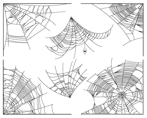 Peças de teia de aranha isoladas no fundo branco decoração de contorno de teia de aranha assustador elementos de design vetorial para convite de festa de fantasma ou monstro de halloween e cartazes