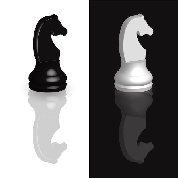 Vetor peças de xadrez de cavalo 3d em preto e branco com um reflexo espelhado das figuras na superfície