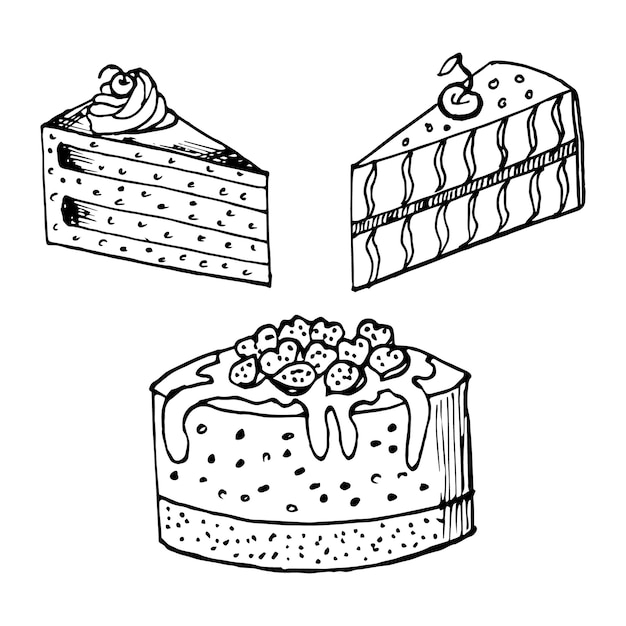 Peças desenhadas de ilustração de esboço de comida de bolo de chocolate