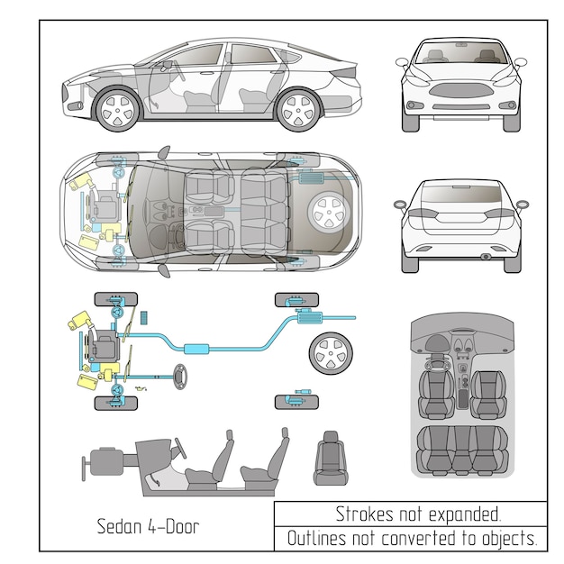 Peças do interior do carro sedan, motor dos assentos do painel, contornos de desenho não convertidos em objetos