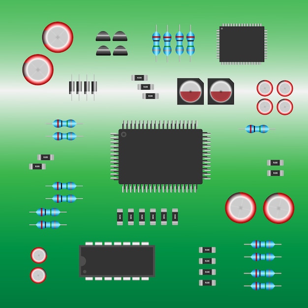 Vetor peças eletrônicas instaladas na placa de circuitos eletrônicos.