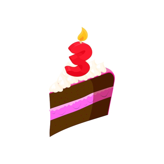 Pedaço de bolo de aniversário com ícone de vela de aniversário número três em estilo cartoon em um fundo branco