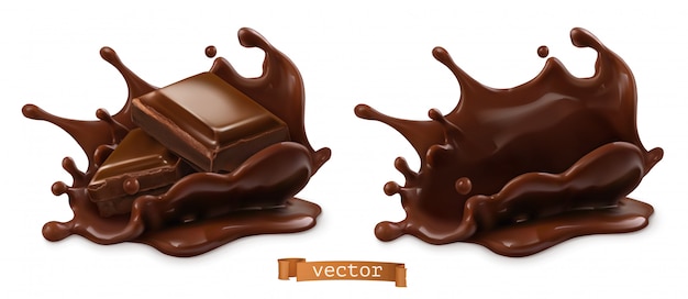 Vetor pedaço de chocolate e chocolate splash, objetos de comida realista 3d