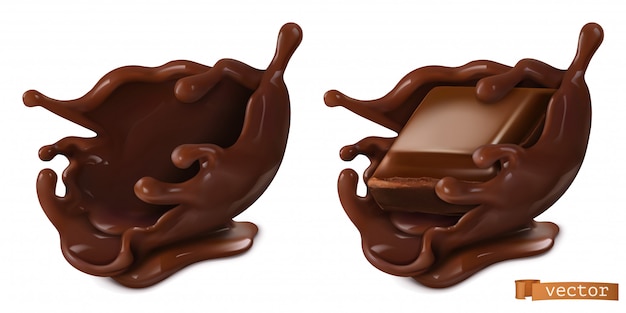 Vetor pedaço de chocolate e chocolate splash, objetos de comida realista 3d