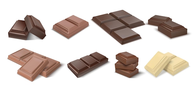 Vetor pedaços de chocolate. barras escuras realistas e pedaços de chocolate com leite, blocos em 3d de sobremesa de cacau