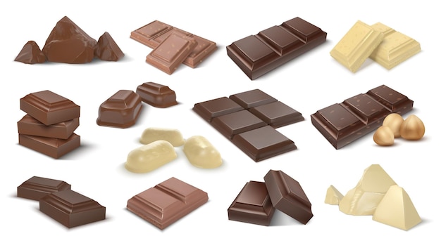 Pedaços de chocolate escuro e leitoso Sobremesa de cacau 3D realista Confeitaria com nozes Variedade de lanche doce Doces de ingredientes naturais Conjunto de vetores de publicidade de produtos alimentícios