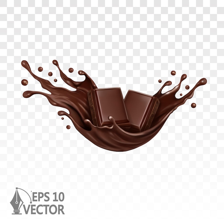 Vetor pedaços de chocolate isolados em pedaços de fundo branco com salpicos de calda escura doce