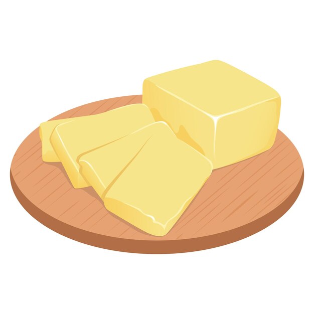 Vetor pedaços de manteiga, margarina e produtos lácteos isolados numa tábua de cortar de madeira.