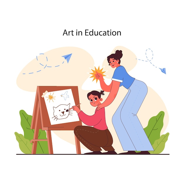 Pedagogia arte no desenvolvimento da criatividade educacional e terapia artística crianças da escola primária ganhando conhecimento e habilidades abordagem moderna para ensinar ilustração vetorial plana