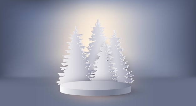 Pedestal 3d realista com pinheiros para seus produtos. ilustração vetorial