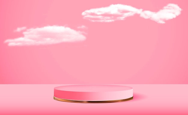 Pedestal 3d rosa realista sobre fundo rosa nuvem visor moderno de pódio vazio para revista de moda de apresentação de produtos cosméticos