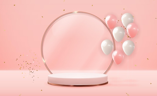 Pedestal de ouro rosa 3D realista com balões de festa.