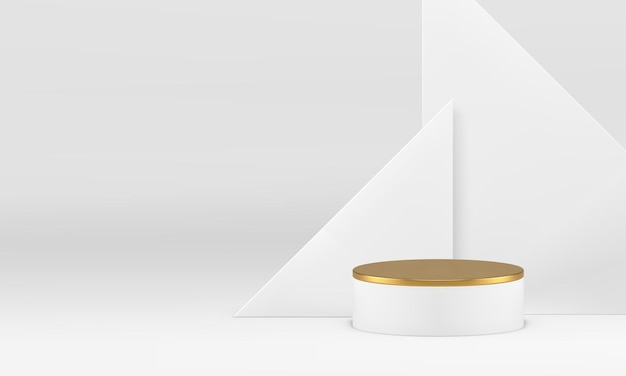 Pedestal de pódio 3D de luxo branco, suporte de cilindro dourado, vitrine, ilustração vetorial realista