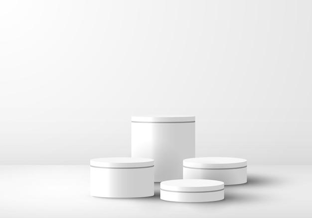 Pedestal de pódio de cilindro branco realista 3D com luz no fundo da sala de estúdio limpa. Projeto de plataforma geométrica. Você pode usar para exibição de produtos, cosméticos de apresentação, etc.
