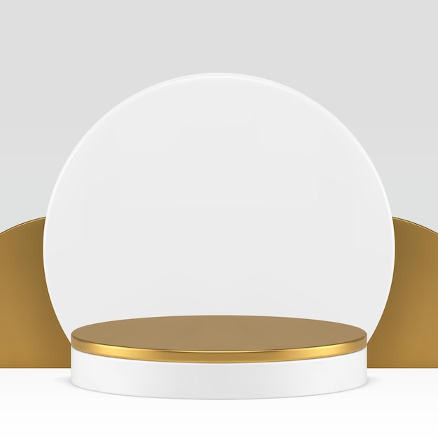 Pedestal de pódio dourado 3D de luxo com fundo de parede de círculo branco ilustração vetorial realista