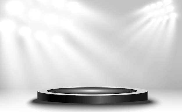 Pedestal de pódio redondo ou plataforma iluminada por holofotes ao fundo