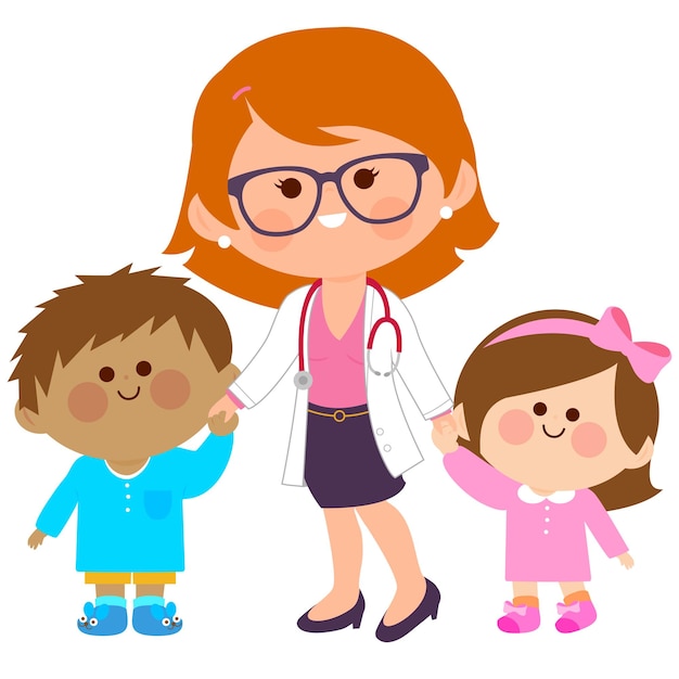 Pediatra e crianças doentes no hospital em pijama Ilustração vetorial