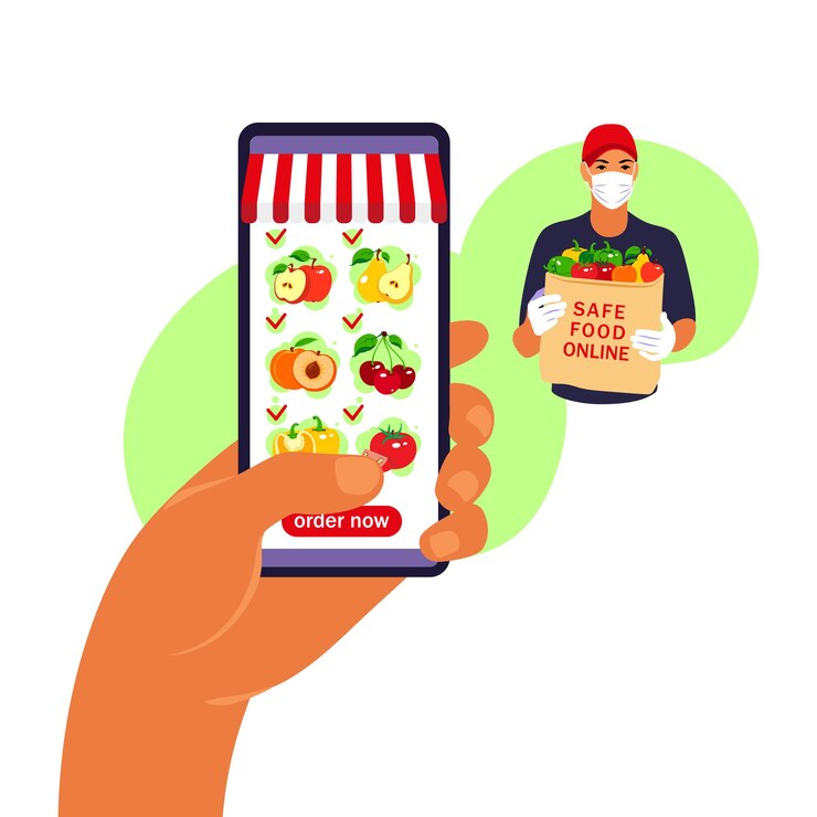 Vetor pedido de comida online. entrega de mantimentos. mão segurando o smartphone com catálogo de produtos na página do navegador da web. fique em casa conceito. quarentena ou auto-isolamento. estilo simples.