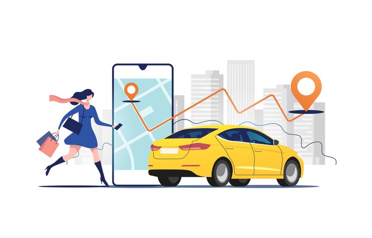 Vetor pedido online de carro de táxi, aluguel e compartilhamento usando o aplicativo móvel do serviço.