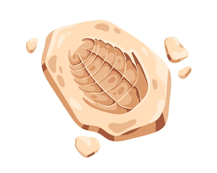 Vetor pedra fóssil antiga rocha pré-histórica fossilizada impressão de trilobita impressão antiga pegada orgânica arqueologia paleontologia arte ilustração vetorial de desenho animado plano isolada em fundo branco