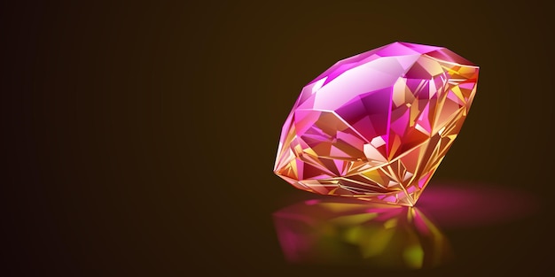 Pedra preciosa rosa vibrante com múltiplas facetas com sombra e reflexo contra um fundo escuro