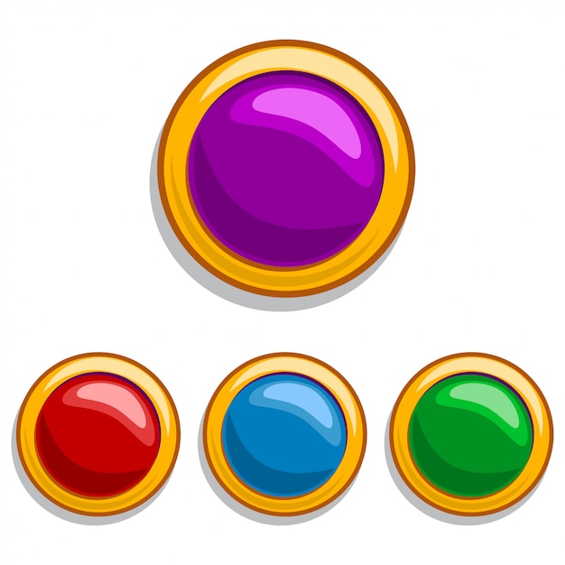 Pedras de jóias em uma moldura de ouro de cor vermelha, azul, verde e roxa na forma de um círculo. elementos para o jogo móvel e web design isolado no branco. ícones dos desenhos animados