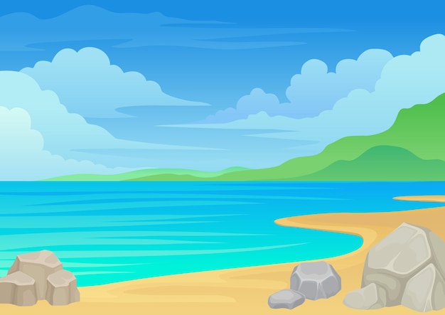 Vetor pedras grandes numa praia arenosa à beira-mar colina verde e nuvens brancas à distância ilustração vetorial sobre fundo branco