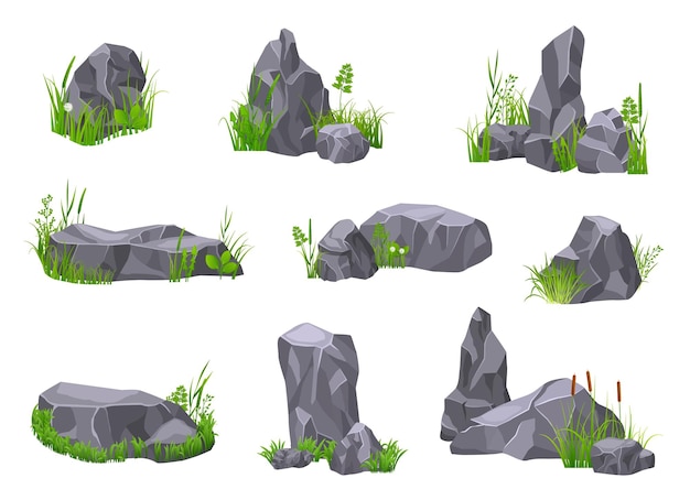 Pedras na grama Rochas 3d pedra de cascalho com arbusto verde Pedregulhos cinzentos montanhas rachadas Geologia elementos naturais jogo design conjunto de vetores exato