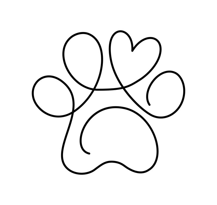 Vetor pegada de pata de cachorro ou gato e coração no logotipo de desenho de uma linha contínua arte de linha mínima animal