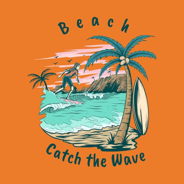 Vetor pegue o design de camiseta de praia de surf de ondas