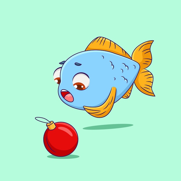 Vetor peixe azul bonito olhando para a bola de natal sob a ilustração