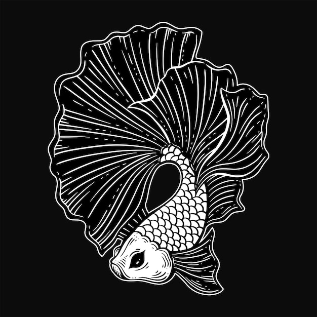 Peixe betta desenhado à mão aquático preto branco vintage arte escura para tatuagem e ilustração de roupas