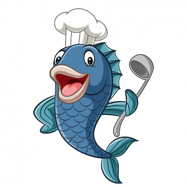 Peixe chef de desenho animado segurando uma concha de sopa